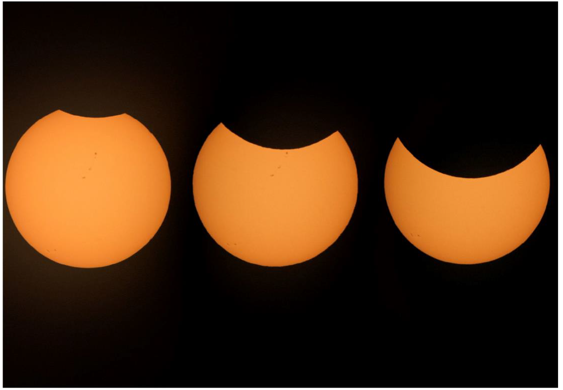 The Sun appears partially eclipsed in this series of photos taken from NASA’s Johnson Space Center in Houston on August 21, 2017. Credit: NASA/Noah Moran