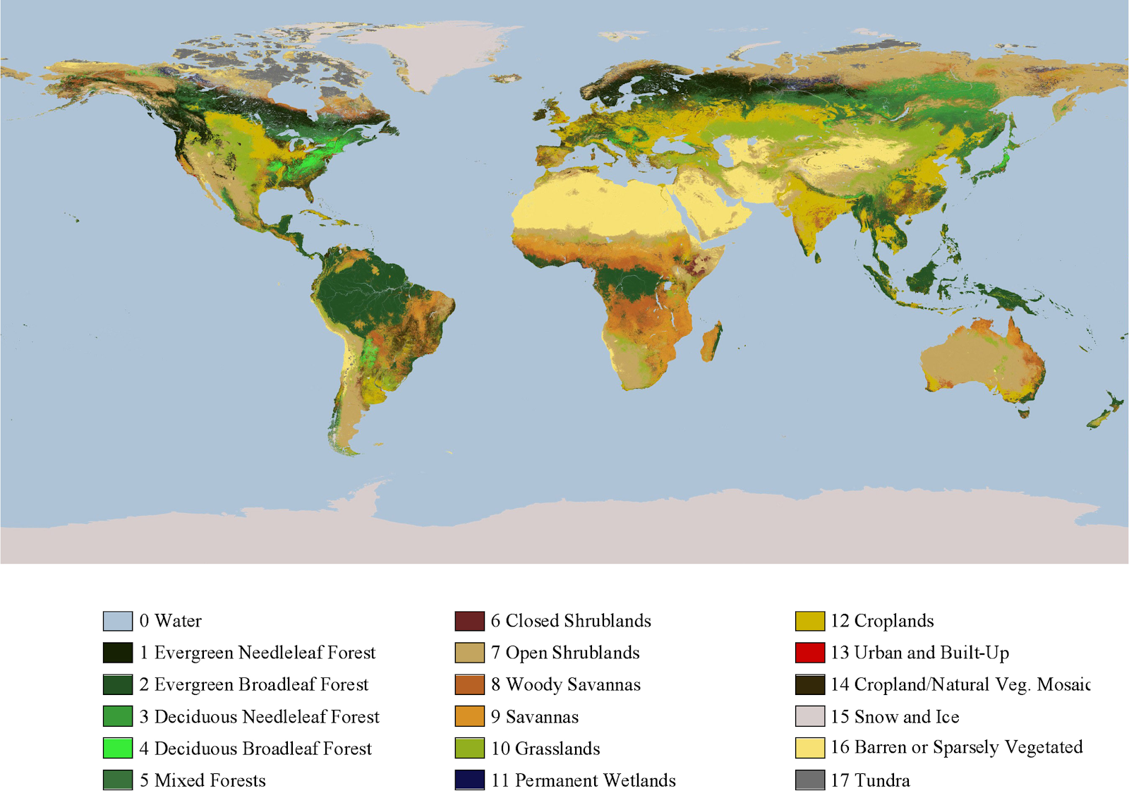 his image shows land cover through a color-coded classification. There are 17 types of land cover, ranging from evergreen needleleaf forest to tundra. Water is depicted in light blue. Credit: NASA GSFC 