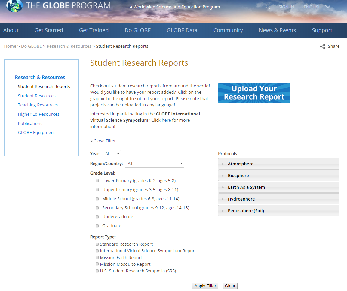 GLOBE Student Research Report Filter Screen