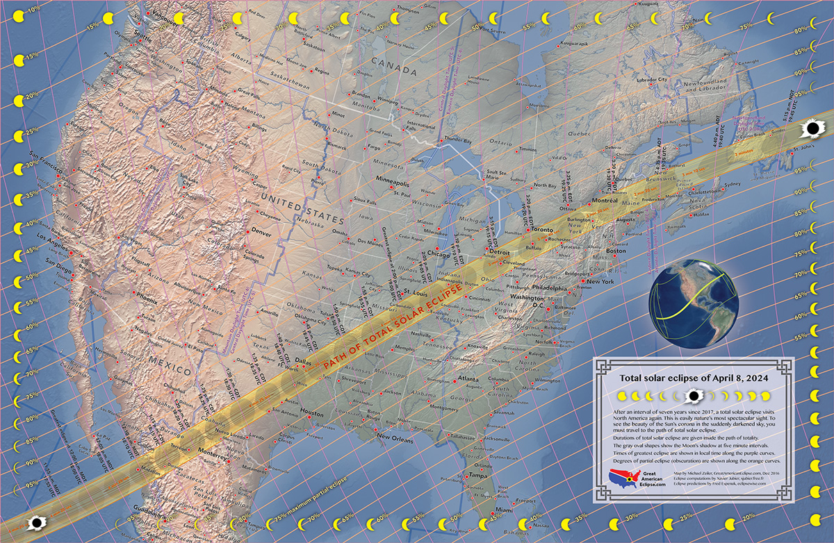 The total solar eclipse path crosses from Mexico, throughout the United States from Texas to Maine, and up through Canada. Image Credit copyright 2021 Great American Eclipse, LLC, Used with Permission.