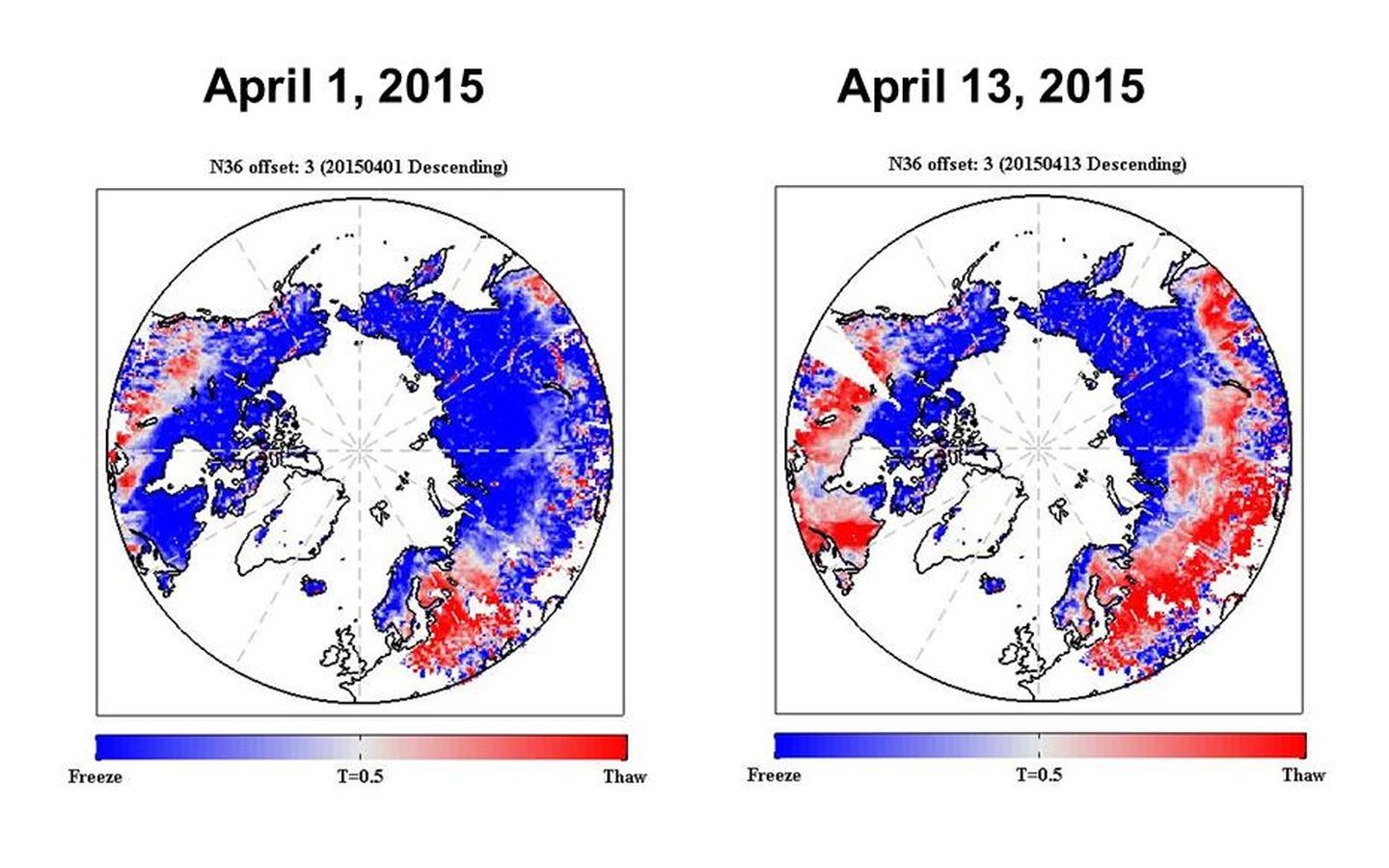 North pole data visualization shows seasonal freeze and thaw data of soils.