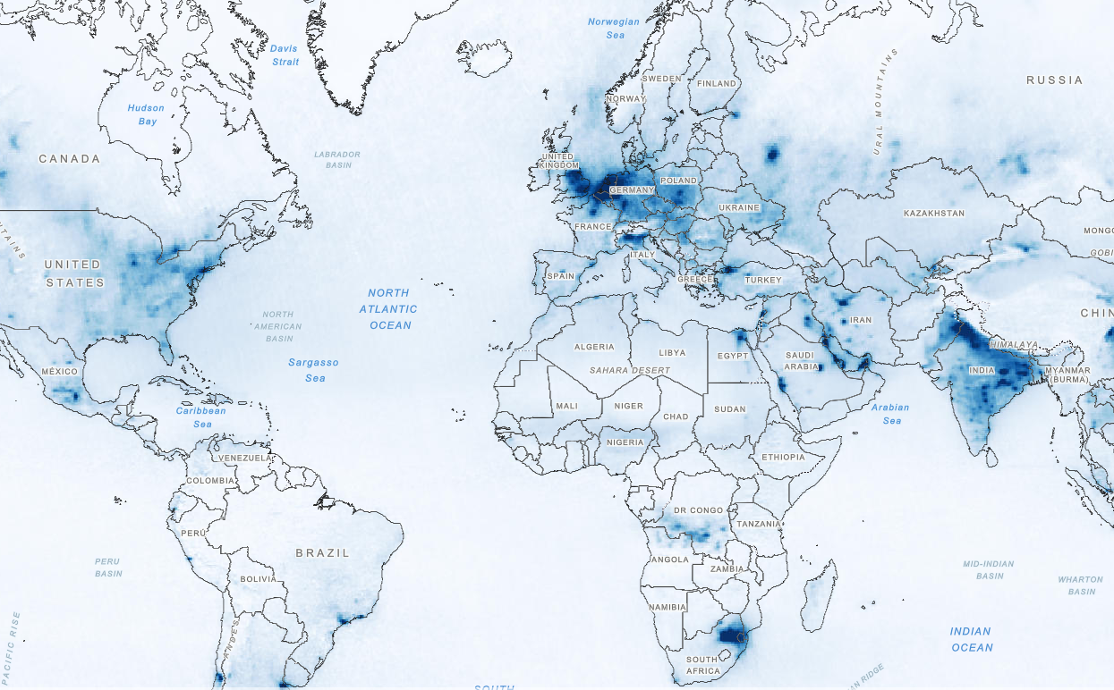 A map of nitrogen dioxide concentration in the atmosphere