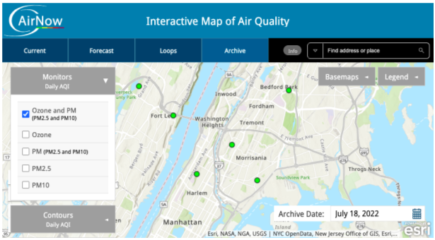 AirNow Interactive Map of Air Quality showing the Daily Ozone and Particle Matter Air Quality Index (AQI). 
