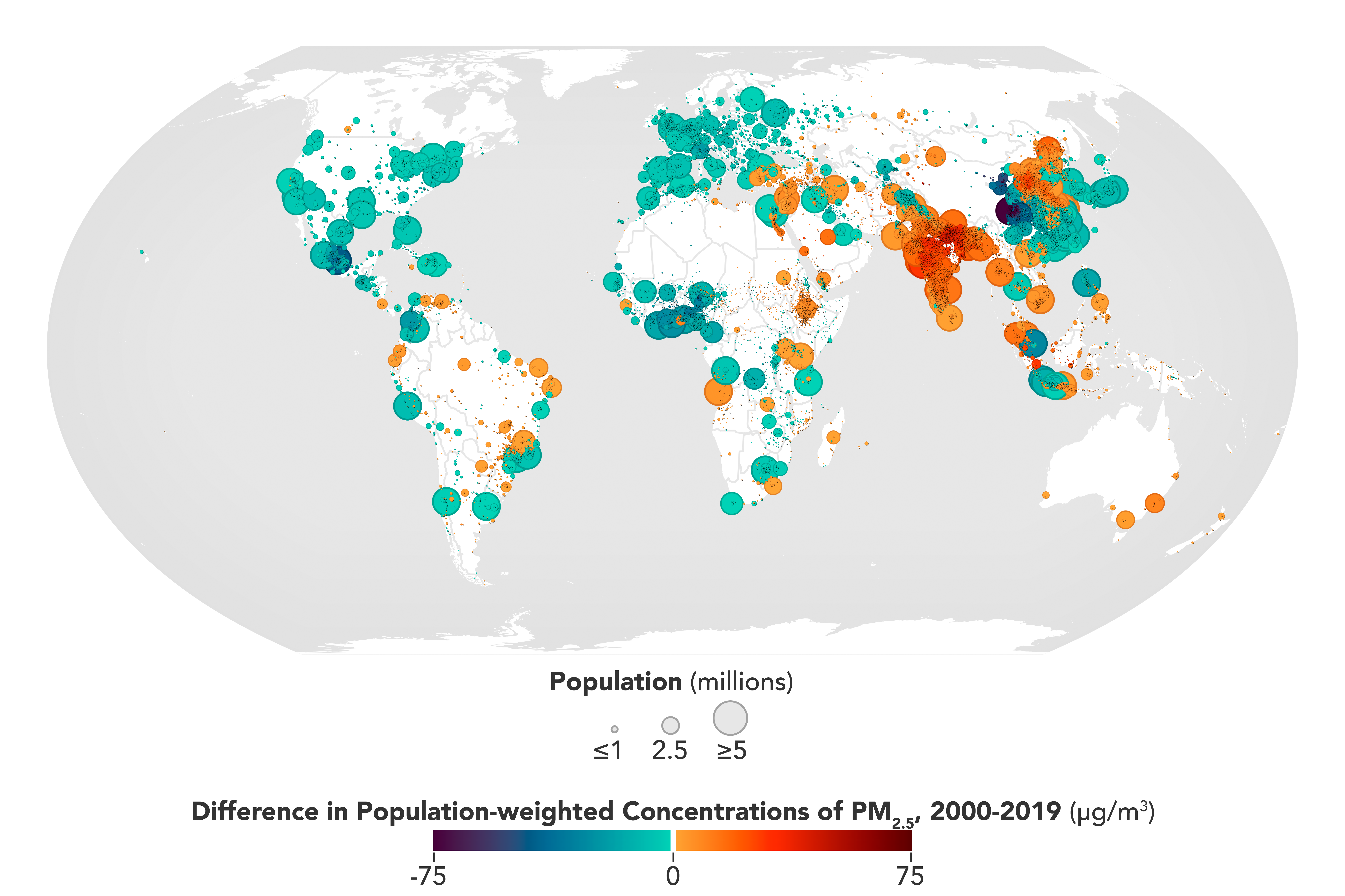 The map above shows the absolute change in PM2.5 concentrations weighted by population around the world between 2000 and 2019 (Pratt, 2022). 