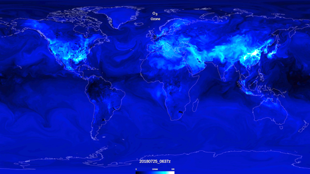 The image shows the world map with different shades of blue, and shows where levels of ozone are distributed at the surface level. Source: NASA Scientific Visualization Studio
