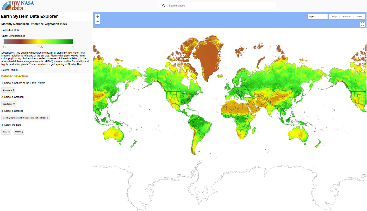 NDVI as seen form the Earth System Data Exploration Tool