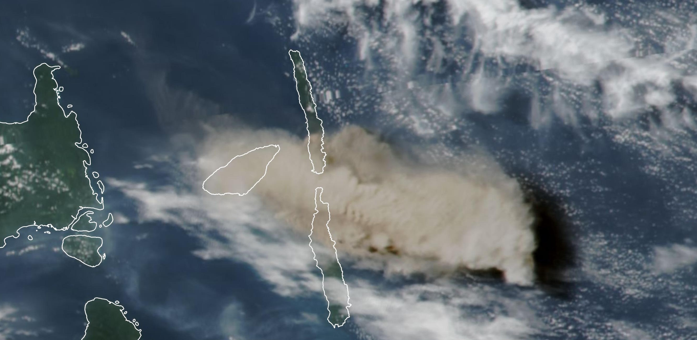Satellite image showing volcanic ash over an island