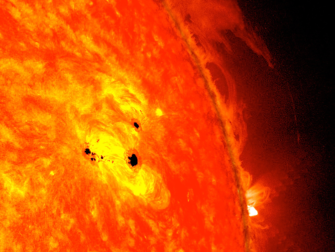 Image of Sun showing sunspots and activity on the surface.