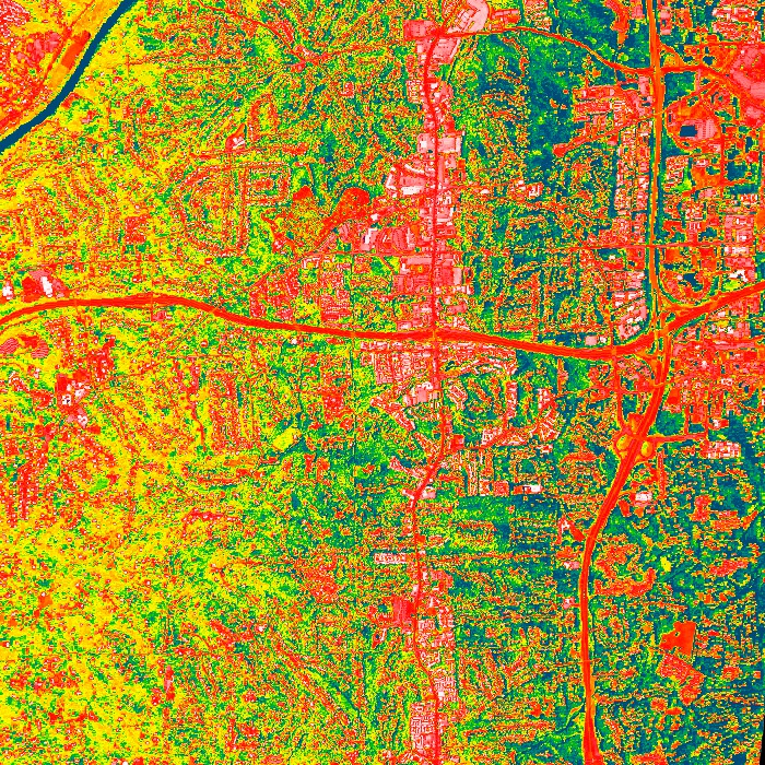 Satellite imagery of suburban Atlanta, Georgia shows the differences in daytime heating, as caused by the urban heat island effect.