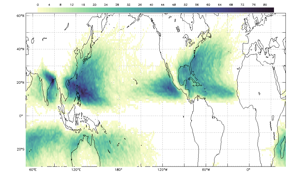 Tropical Cyclone Counts Map Image - Darker colors show more tropical cyclones and tend to be in the mid-latitudes over oceans.