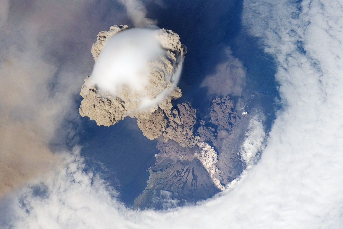 An image of the Sarychev volcanic eruption that occurred in the Kuril Islands on June 12, 2009.