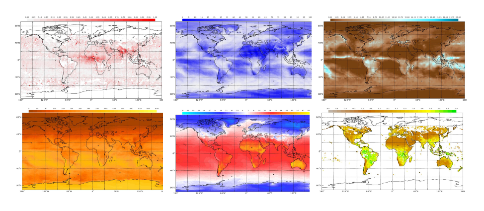 Image of aerosols, clouds, precipitation, solar insolation, surface skin temperature and normalized difference vegetation index.