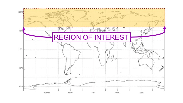 A geographic projection world map shows the region of interest above 45 degrees northern latitude.