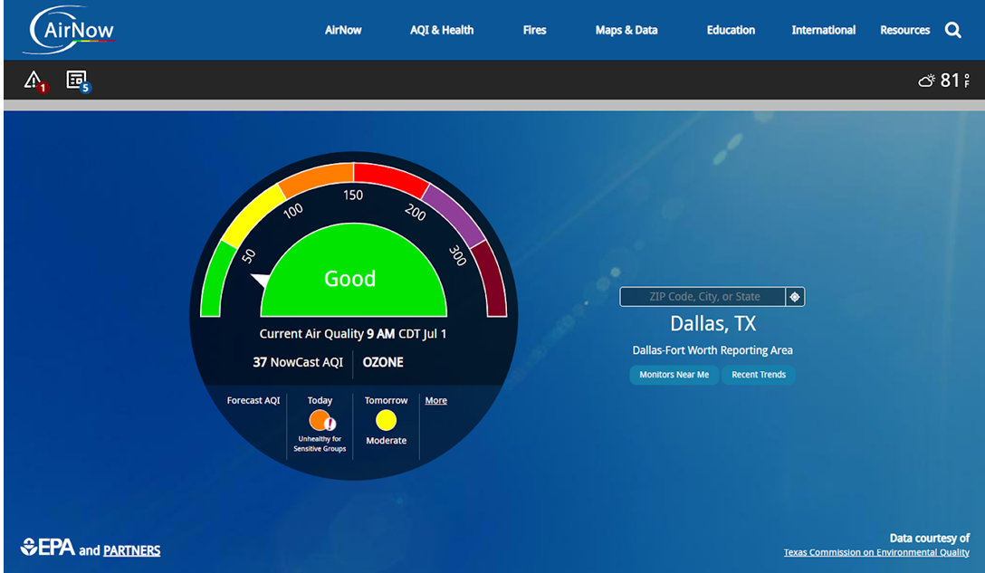 Air Now air quality index for Dallas, Texas showing the numeric rating (37 - green), and the overall air quality (good) for July 1, 2022, at 9 AM, central daylight time. Credit: airnow.gov
