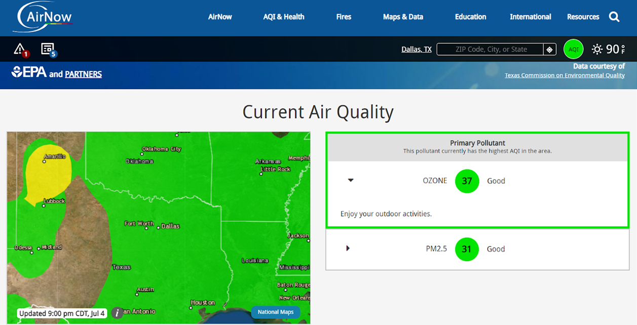 Air quality index primary pollutant for Dallas, TX on July 1, 2022. 