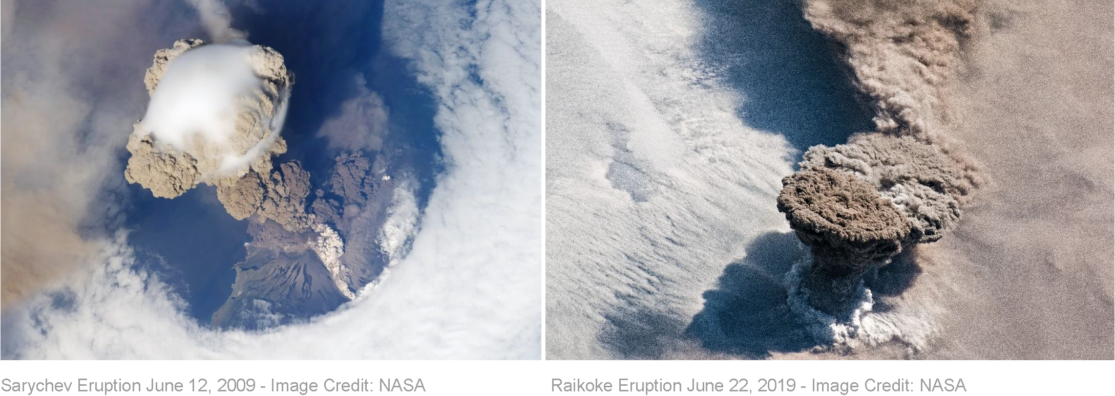Sarychev Eruption June 12, 2009 and Raikoke Eruption June 22, 2019 Image Credits: NASA