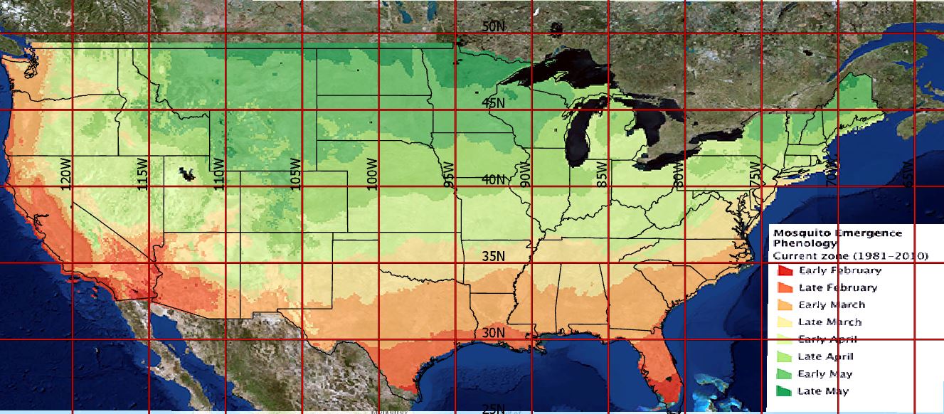 Map showing mosquito emergence time ranges from 1981-2010 across the United States. 