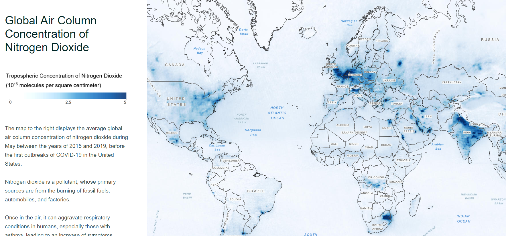 A map of nitrogen dioxide concentration in the atmosphere. 