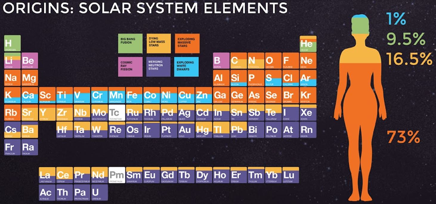 The image displays the periodic table and is color coded by the origin of each element - Credit: NASA/CXC/SAO/K. Divona