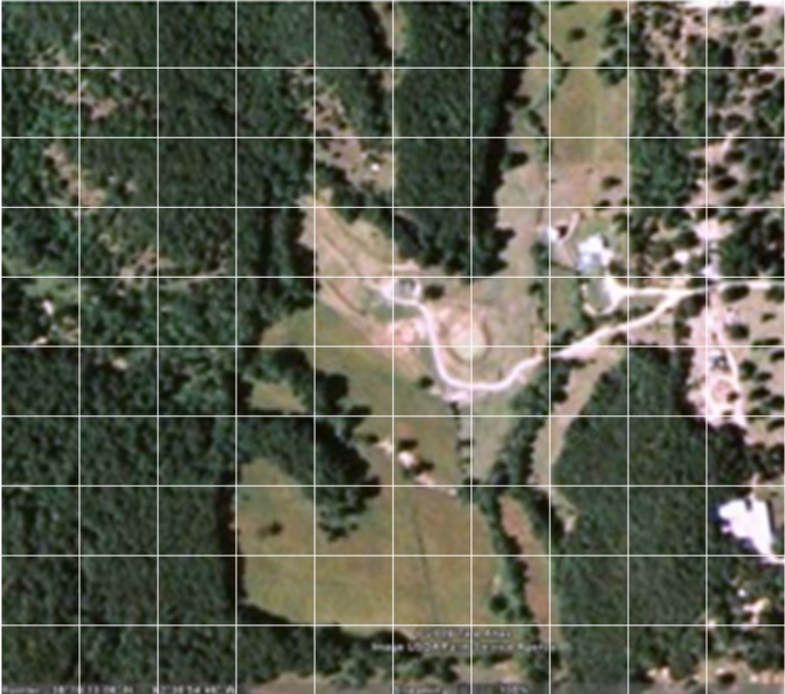 Image of land cover. Some has trees and some is barren or grass. There is a 10 by 10 grid over the image dividing in into 100 boxes which are 2.5 acres each..