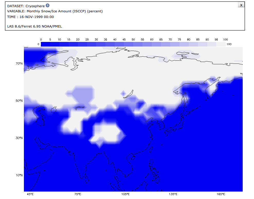 Model Data Visualization of Snow/Ice Amount (percent) for November 1999