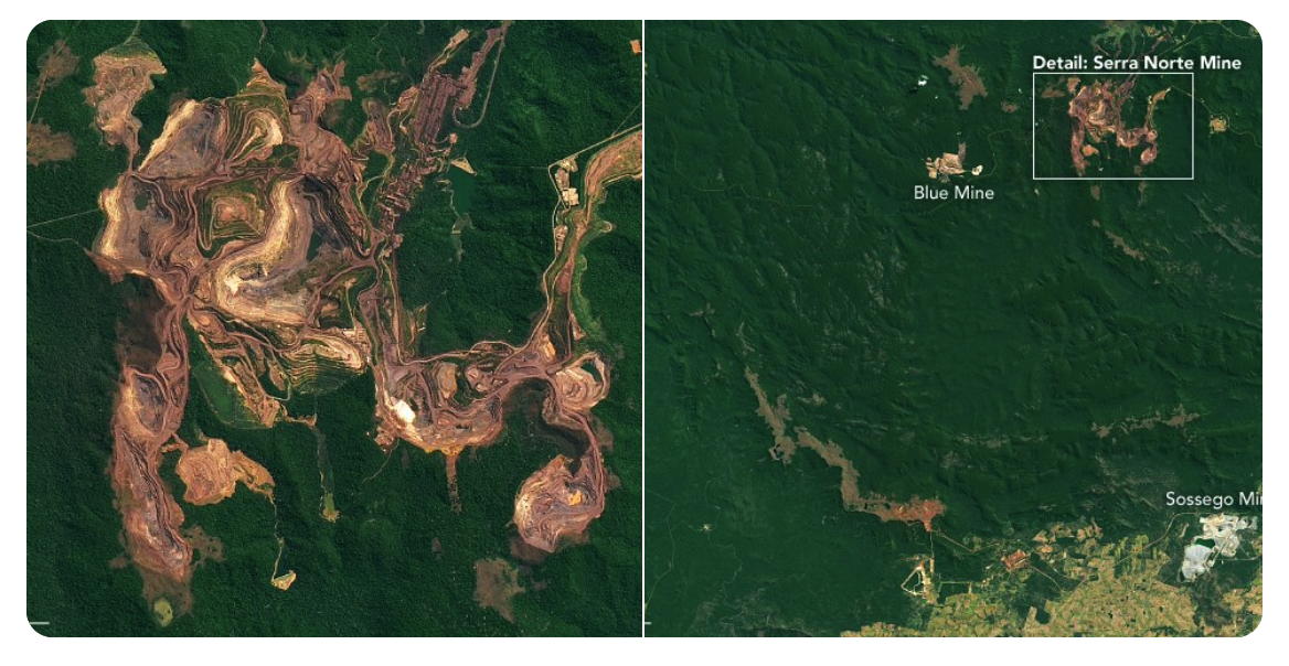 The red-brown earth exposed by open-pit mines contrast with the greens of the surrounding Amazon forest.
