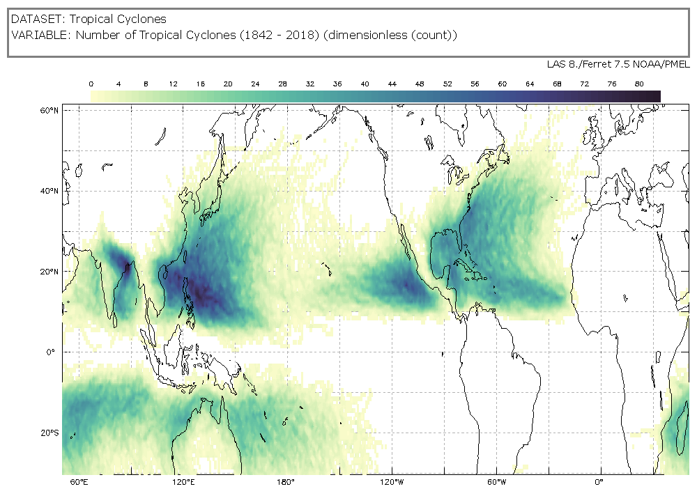 Tropical Cyclone Counts Map Image - Darker colors show more tropical cyclones.