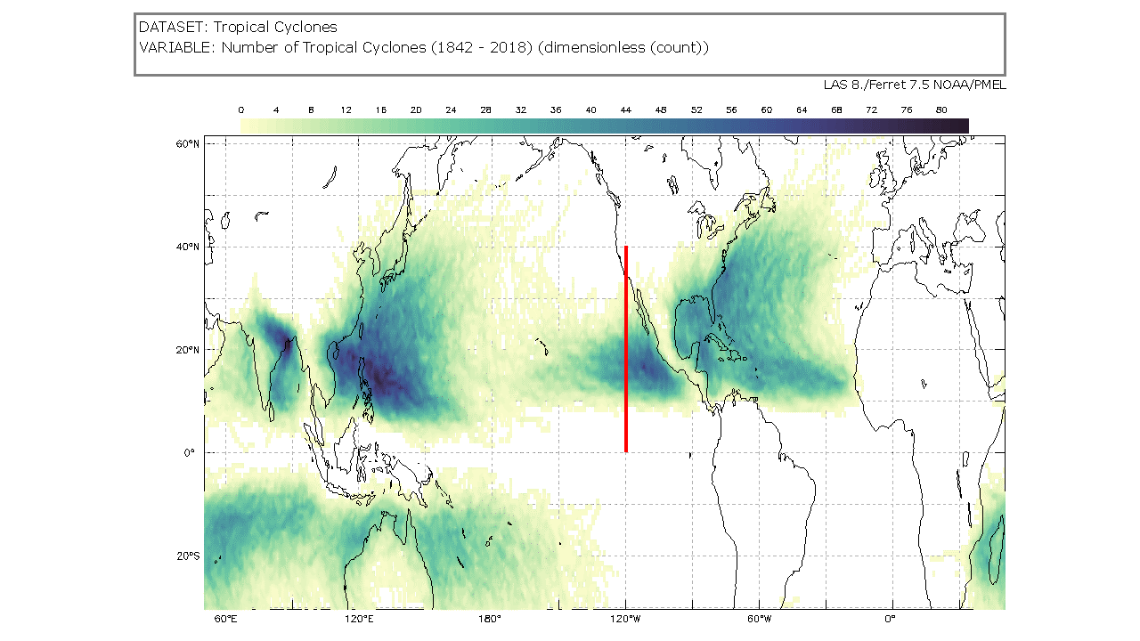 Tropical Cyclone Counts Map showing a line at 120 degrees west from the equator to 40 degrees north