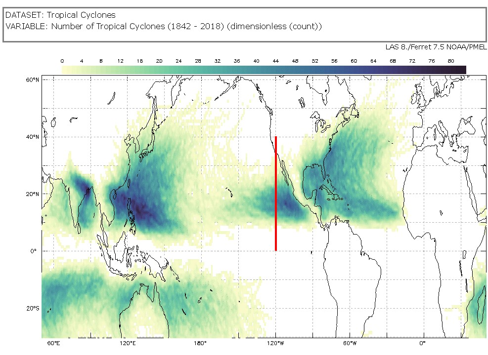 Tropical Cyclone Counts Map showing a line at 120 degrees west from the equator to 40 degrees north
