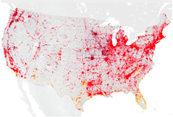 US Map that shows areas in red where Urban Heat Island effects are located