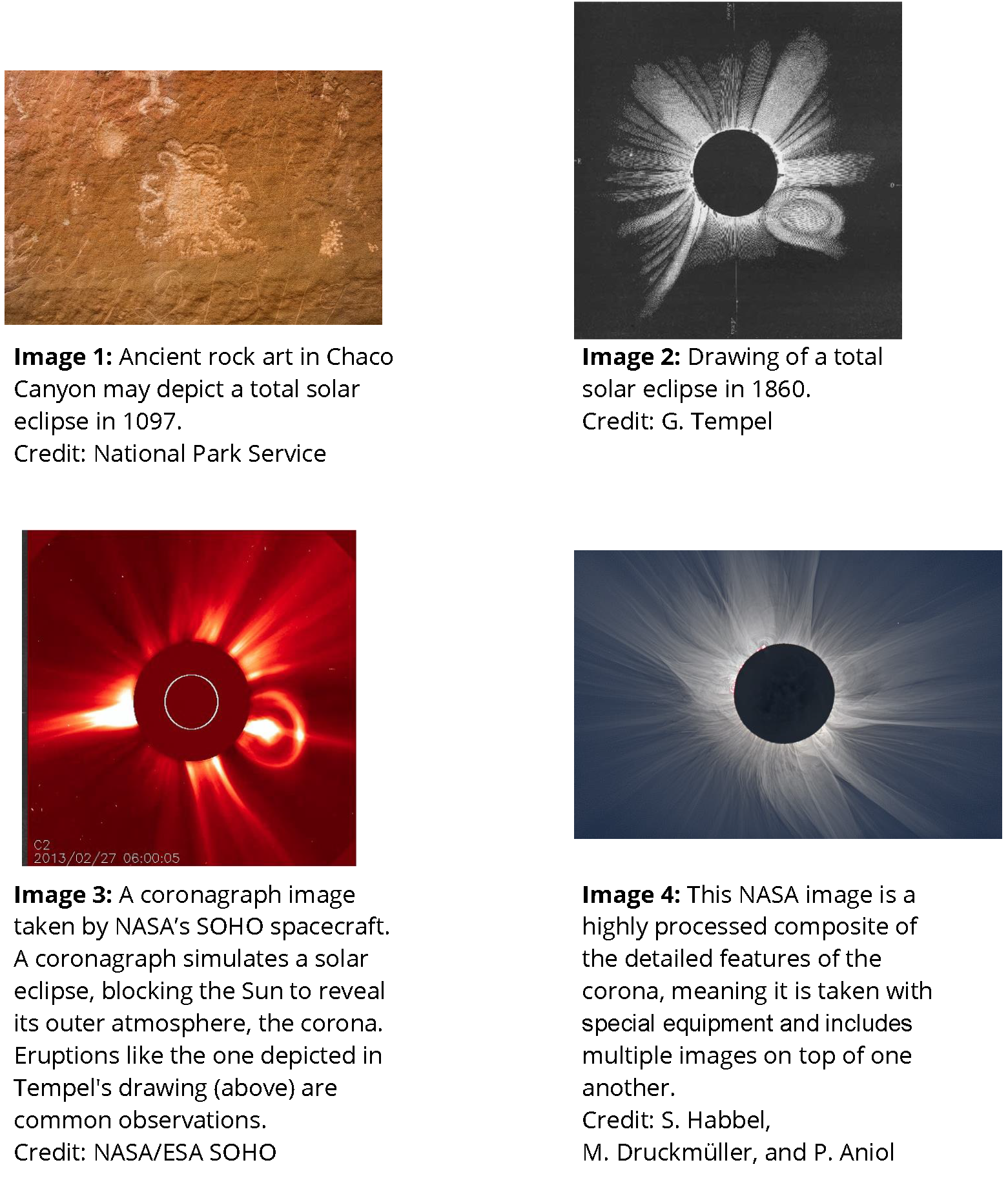 Different representations of the Sun's corona including carving, drawing, coronagraph image and a composite.