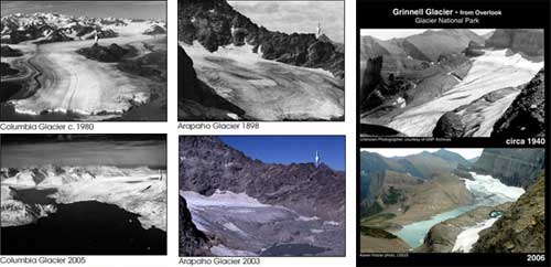 See how much three glaciers have shrunk over time. Columbia Glacier from 1980 - 2005; Arapaho Glacier from 1898 to 2003; and Grinnell Glacier from 1940 - 2006.