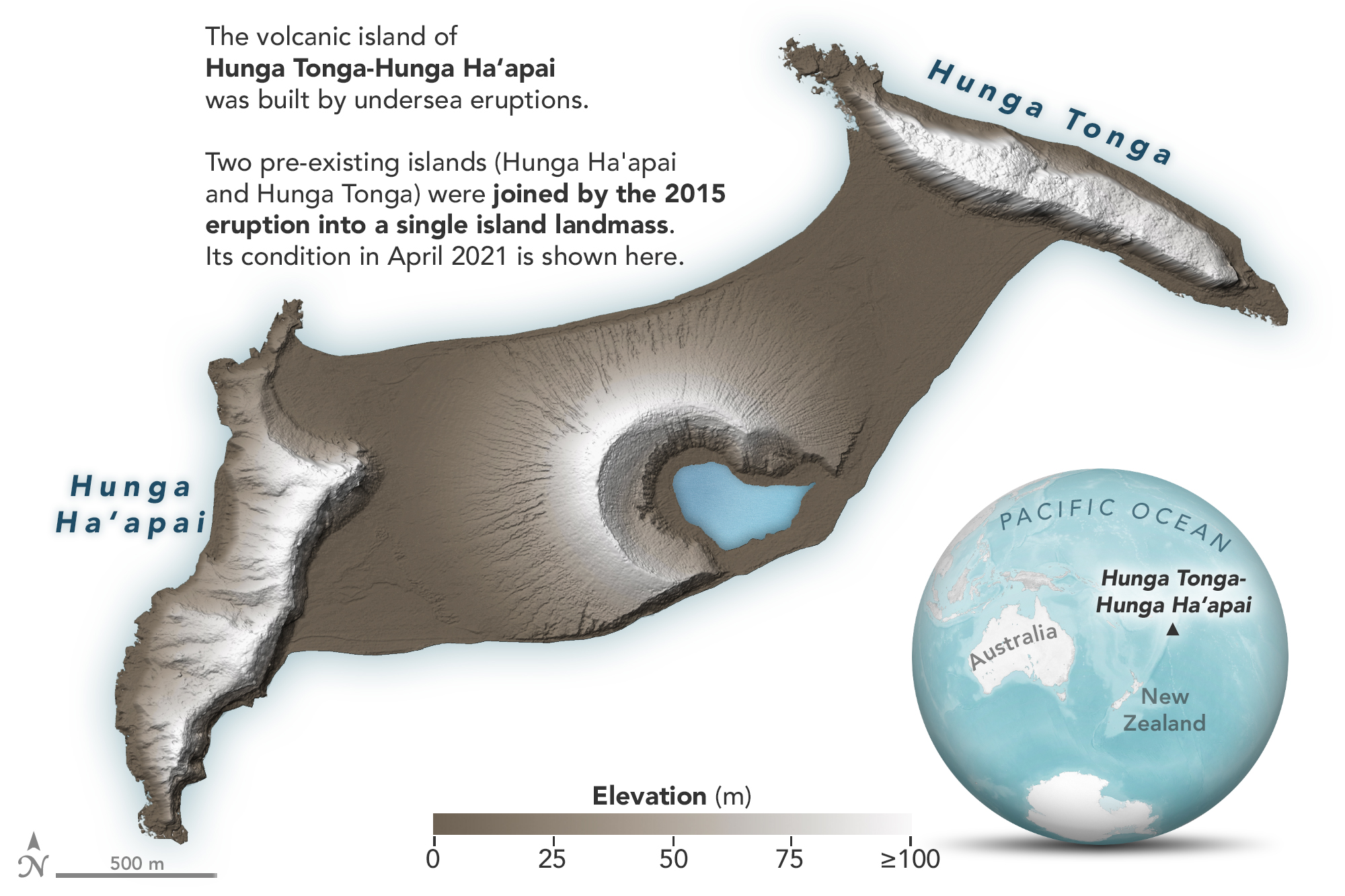Hunga Tonga- Hunga Ha'apai April 10, 2021 - The volcanic island of Hunga Tonga-Hunga Ha'apai formed when two pre-existing islands were joinged by a volcanic eruption in 2015.
