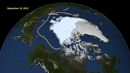 This image from satellite data shows the extent of Arctic sea ice at the end of summer 2012. The yellow outline shows the average end-of-summer sea ice over the past 30 years since satellites began observing. Credit: NASA/Goddard Scientific Visualization Studio