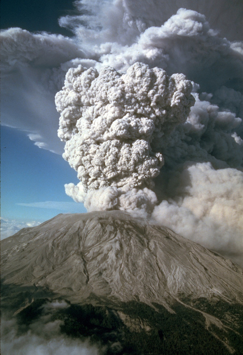 This photograph shows an eruption of Mount St. Helens in Washington in July 1980. This eruption sent ash 6 to 11 miles (10-18 kilometers) into the air, and was visible in Seattle, Washington, 100 miles (160 kilometers) to the north. Credit: Mike Doukas, USGS