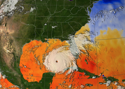 A map of the southeastern United States of America with sea surface temperatures represented and a hurricane making landfall over Louisiana.