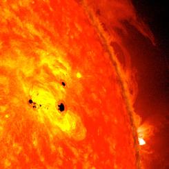Image of Sun showing sunspots and activity on the surface.