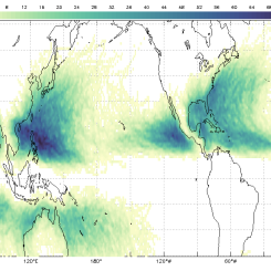 Tropical Cyclone Counts Map Image - Darker colors show more tropical cyclones and tend to be in the mid-latitudes over oceans.