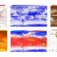 Image of aerosols, clouds, precipitation, solar insolation, surface skin temperature and normalized difference vegetation index.